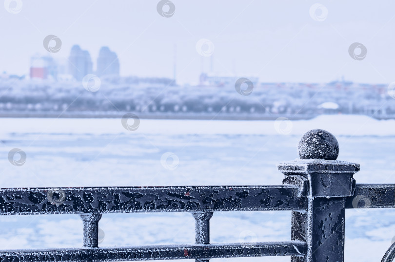 Скачать White frost on the black metal railings of the Amur river embankment on a winter morning. фотосток Ozero