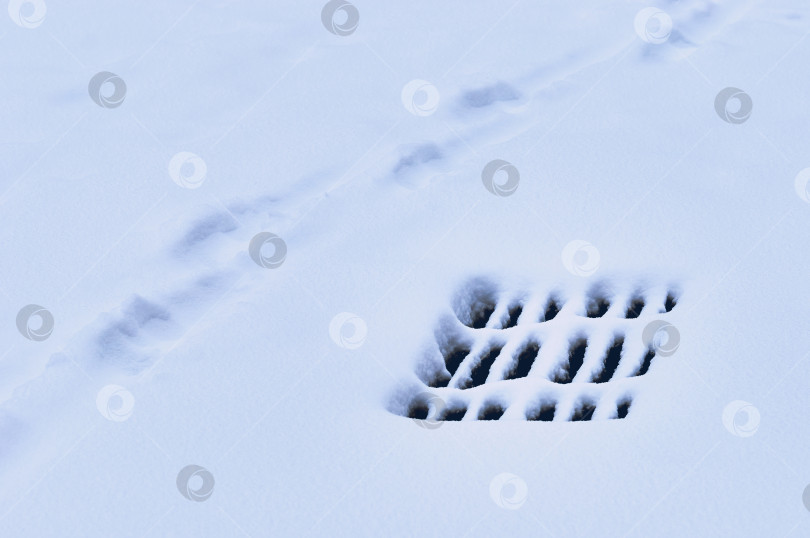 Скачать Storm sewer grate under snow during snowfall in winter. Black slits on a white smooth surface. Human footprints on a snow-covered city street. фотосток Ozero