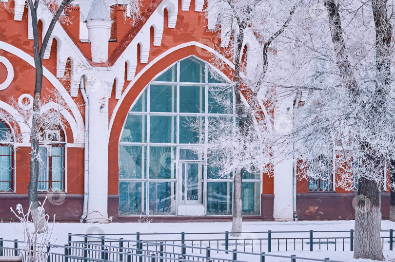 Скачать Snow-covered white tree branches against the background of the facade of an old red brick building. Arched windows and white columns. Texture of frozen plants. фотосток Ozero