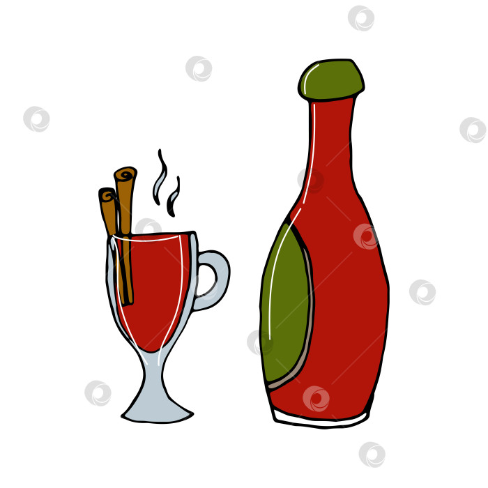 Скачать doodle mulled wine in a glass and a bottle of wine фотосток Ozero