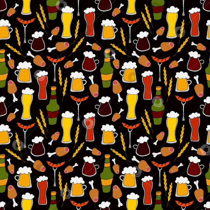 Скачать pattern different types of beer with snacks on black фотосток Ozero