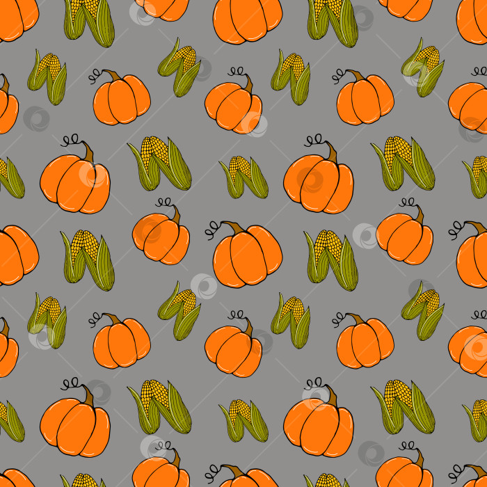 Скачать pattern doodle vegetables pumpkins and corn on gray фотосток Ozero