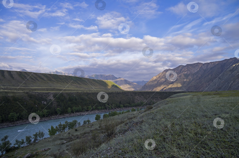 Скачать Morning in the valley of Katun river. Altai Mountains, Russia. фотосток Ozero