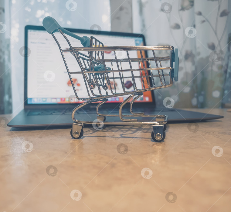 Скачать Supermarket trolley on the background of a laptop. фотосток Ozero