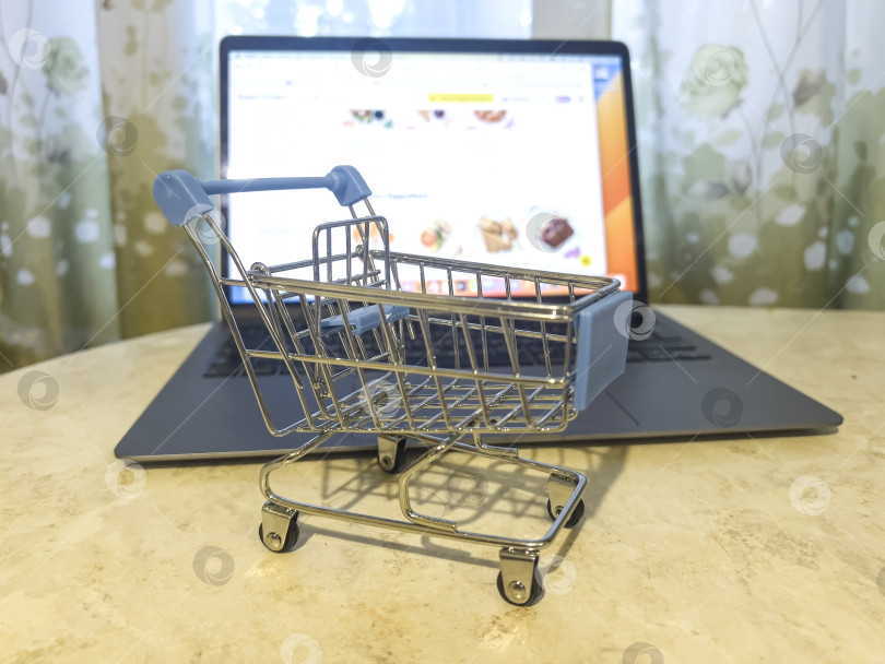 Скачать Supermarket trolley on the background of a laptop. фотосток Ozero