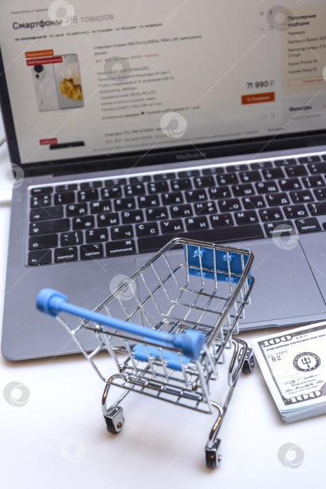 Скачать A supermarket trolley with a hundred-dollar bill on the background of a laptop. фотосток Ozero