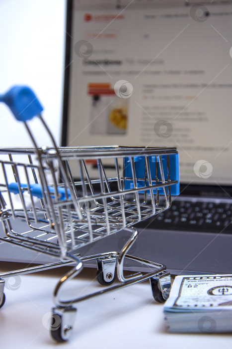 Скачать A supermarket trolley with a hundred-dollar bill on the background of a laptop. фотосток Ozero