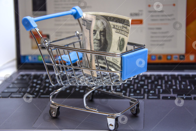 Скачать A supermarket trolley with a hundred-dollar bill on the background of a laptop. фотосток Ozero