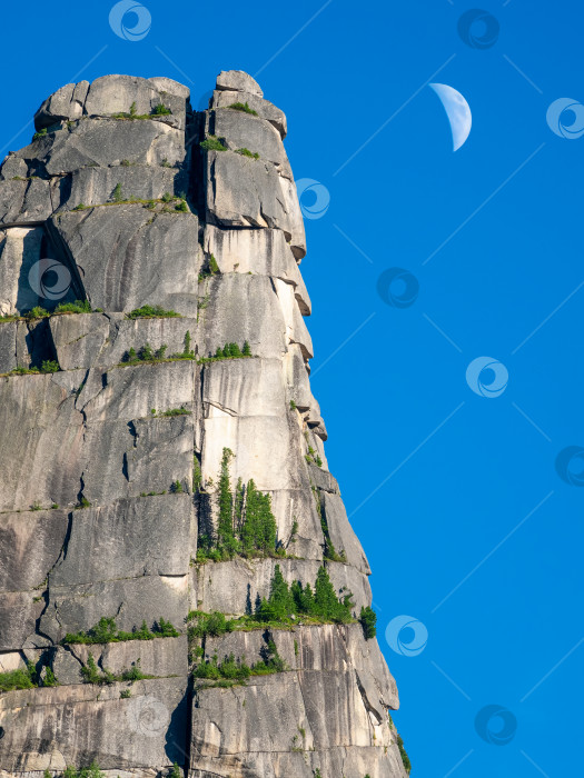 Скачать A large granite rock and a moon in the blue sky. Vertical view. фотосток Ozero