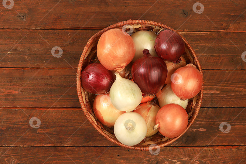 Скачать Various varieties of onions in a basket on a wooden background, autumn harvest concept, red, white and golden onions for breeding in agriculture, selective focus фотосток Ozero