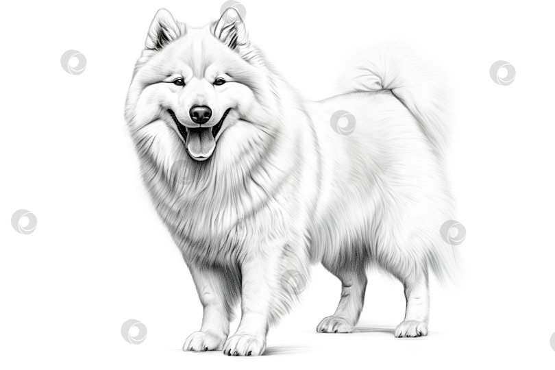 Скачать Любопытная собака лайка, высунувшая язык, черно-белый рисунок на белом фоне фотосток Ozero