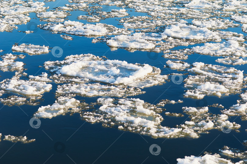 Скачать Ice floes float down the river in autumn at sunset. Natural phenomenon before freezing. Reflection of the blue sky in dark water. фотосток Ozero