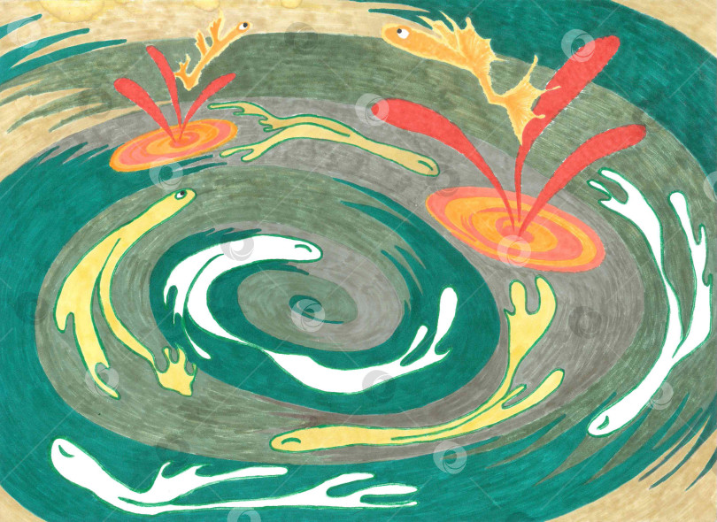 Скачать Watercolor illustration of white and yellow images swimming in a beige-green swirl. Stylized flowing silhouettes of sleeping fish in a circular flow. But some of the characters woke up and jump into the air. фотосток Ozero