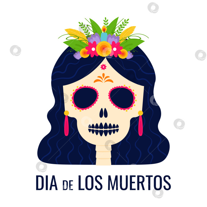 Скачать Dia de los muertos. Day of the dead. Mexican tradition holiday, festival. Woman skull of Catarina with flowers crown. Poster, banner and card. Flat vector illustration. фотосток Ozero