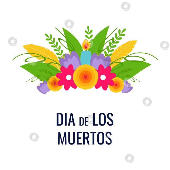 Скачать Dia de los muertos. Day of the dead. Mexican tradition holiday, festival. Flowers crown with candle. Banner, flyer and card. Flat vector illustration. фотосток Ozero