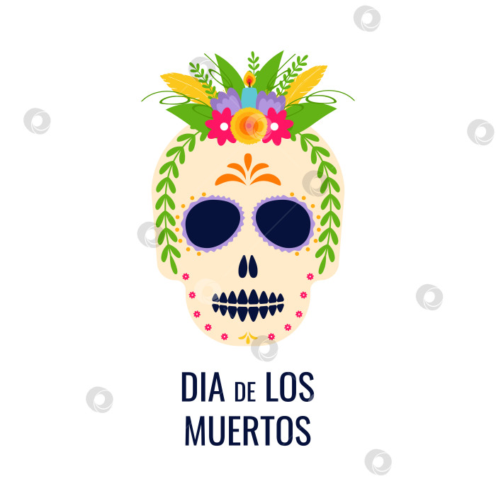 Скачать Dia de los muertos. Day of the dead. Mexican tradition holiday, festival. Man skull with flowers crown. Banner, flyer and card. Flat vector illustration. фотосток Ozero