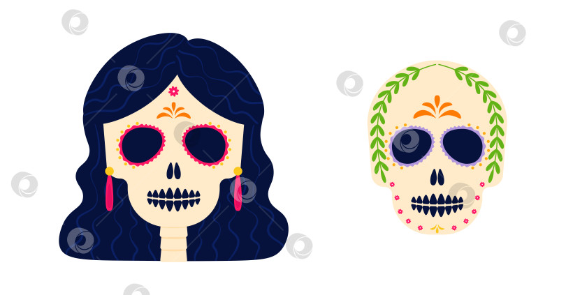 Скачать Dia de los muertos. Day of the dead. Mexican tradition holiday, festival. Woman and man skull with flowers crown. Poster, banner and card. Flat vector illustration. фотосток Ozero