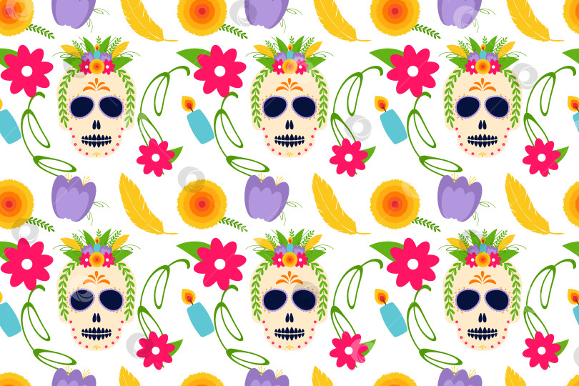 Скачать Dia de los muertos. Day of the dead. Mexican tradition holiday, festival. Seamless pattern and background. Flat vector illustration. фотосток Ozero