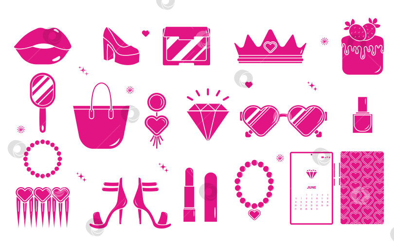 Скачать A collection of stickers in the style of Barbie. Pink color. Flat illustration isolated on white background. фотосток Ozero