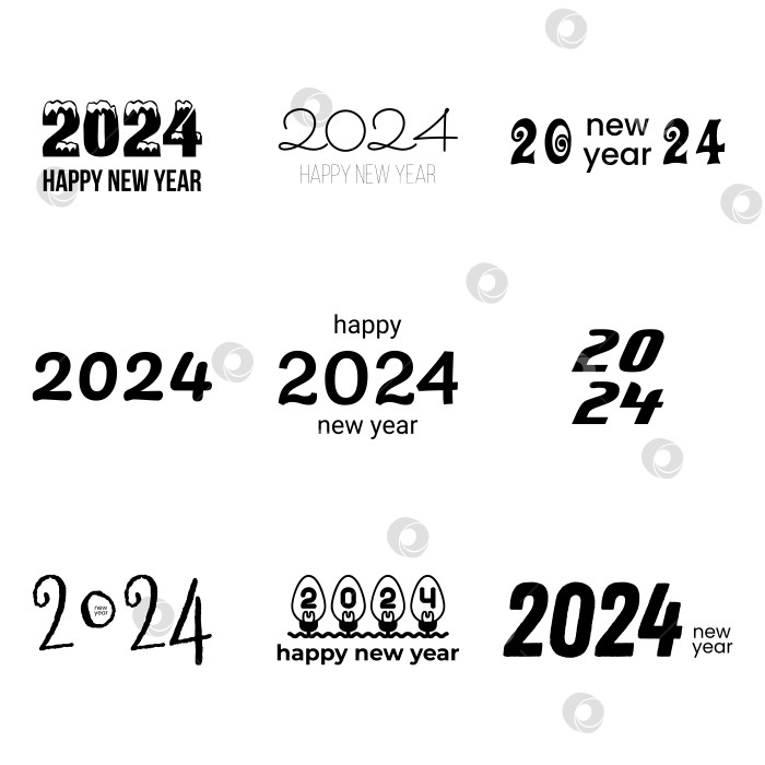 Скачать Коллекция текстового оформления логотипа Happy New Year 2024. Концепция праздника. Векторная иллюстрация с логотипом black labels для календарей, дневников, канцелярских принадлежностей и блокнотов на белом фоне. фотосток Ozero