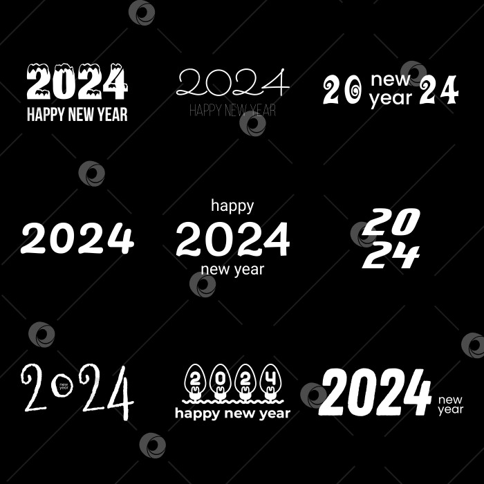Скачать Коллекция текстового оформления логотипа Happy New Year 2024. Концепция праздника. Векторная иллюстрация с логотипом white labels для календарей, дневников, канцелярских принадлежностей и блокнотов на черном фоне. фотосток Ozero