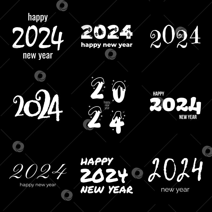 Скачать Коллекция текстового оформления логотипа Happy New Year 2024. Концепция праздника. Векторная иллюстрация с логотипом white labels для календарей, дневников, канцелярских принадлежностей и блокнотов на черном фоне. фотосток Ozero