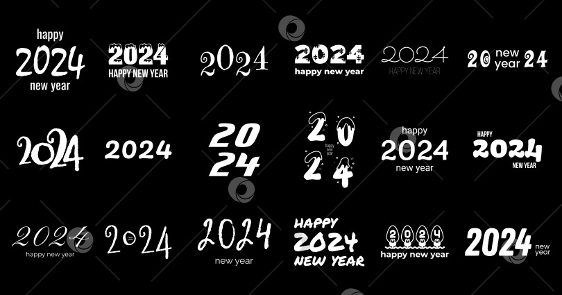 Скачать Коллекция текстового оформления логотипа Happy New Year 2024. Концепция праздника. Векторная иллюстрация с логотипом white labels для календарей, дневников, канцелярских принадлежностей и блокнотов на черном фоне. фотосток Ozero