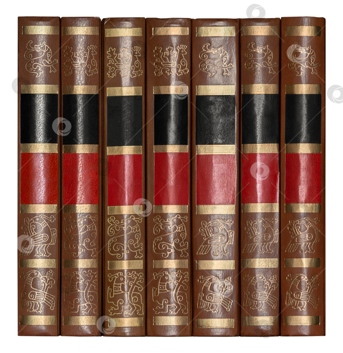 Скачать A row of antique books with leather hardcover, isolated on a white background фотосток Ozero