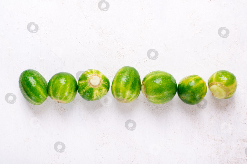 Скачать Small round cucumbers with stripes reminding watermelon in a line on white table. фотосток Ozero