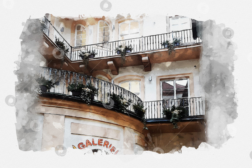 Скачать Цифровой акварельный эскиз фасада дома с балконами и террасой фотосток Ozero