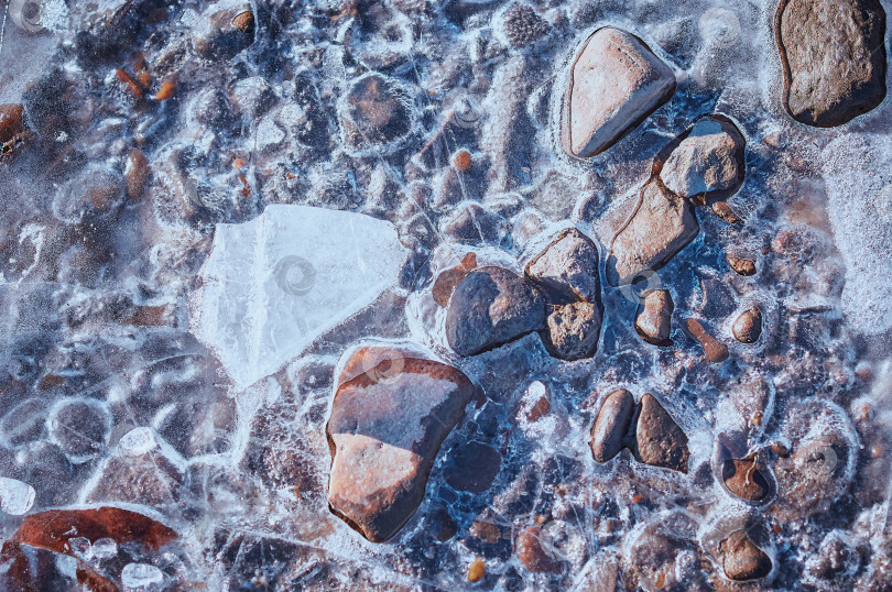 Скачать Округлые камни, вмерзшие в лед на берегах Амура, греются на солнце и оттаивают. Крупный план, вид сверху. фотосток Ozero
