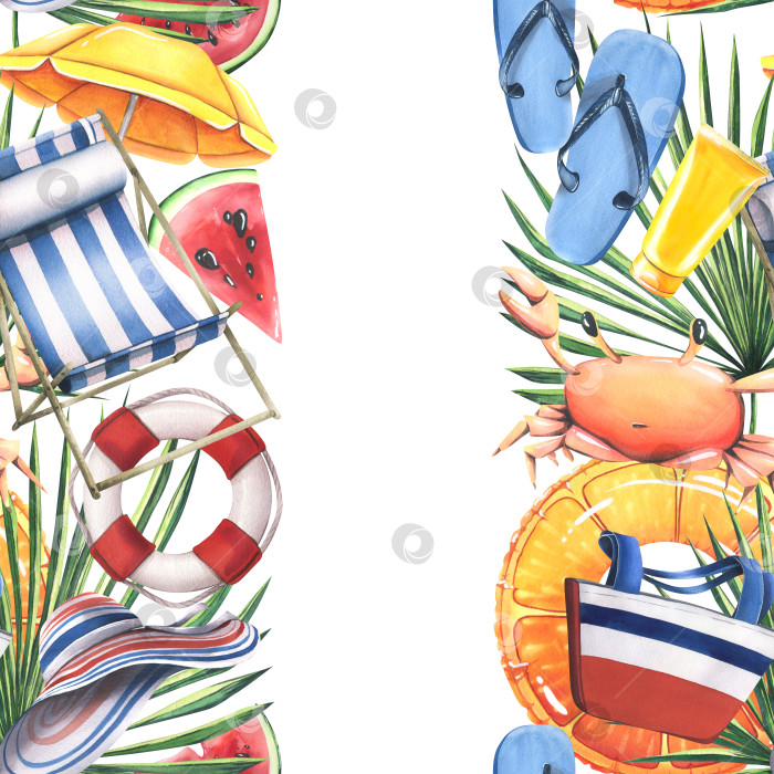 Скачать Бесшовный шаблон для пляжного отдыха с надувными игрушками, фруктами, шезлонгами, зонтиком, кремами, маской для подводного плавания и аксессуарами. Акварельная иллюстрация, нарисованная от руки для листовок, рекламы, летних баннеров фотосток Ozero
