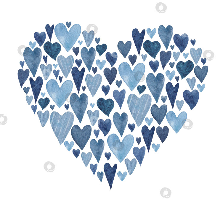 Скачать Нарисованная акварелью композиция в форме сердца из темно- и светло-голубых сердечек на день святого Валентина фотосток Ozero
