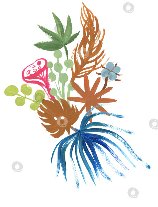 Скачать вертикальный букет из разноцветных сухоцветов, нарисованных гуашью в наивном стиле с сухими пальмовыми листьями фотосток Ozero