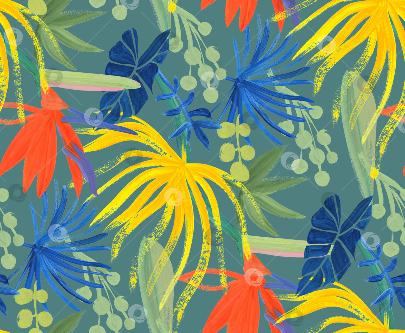 Скачать яркий бесшовный узор с разноцветными тропическими цветами и листьями фотосток Ozero