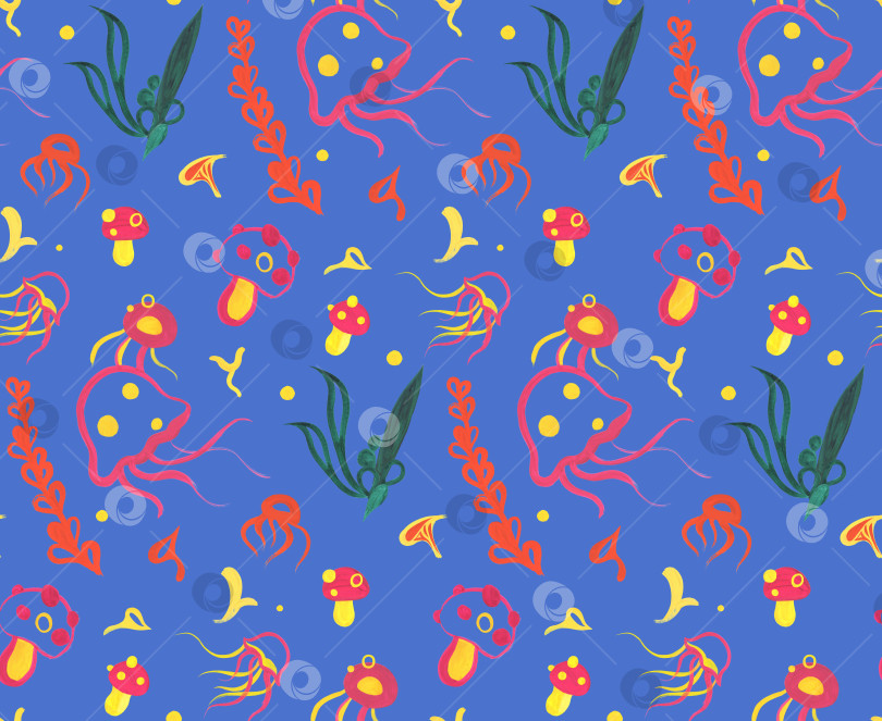 Скачать синий мультяшный узор, нарисованный гуашью, листья на розовом фоне с мухоморами и медузами фотосток Ozero
