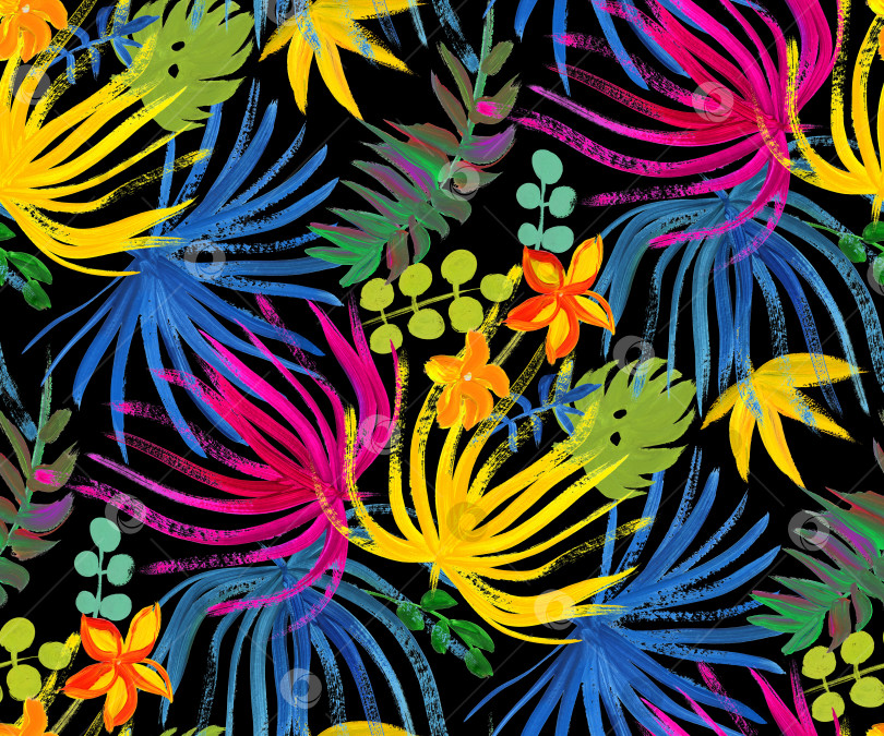 Скачать Бесшовный узор с тропическими цветами и растениями ночных оттенков фотосток Ozero