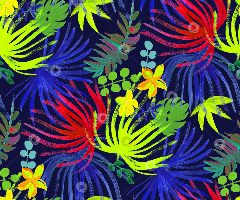 Скачать Бесшовный узор с тропическими цветами и растениями ночных оттенков фотосток Ozero