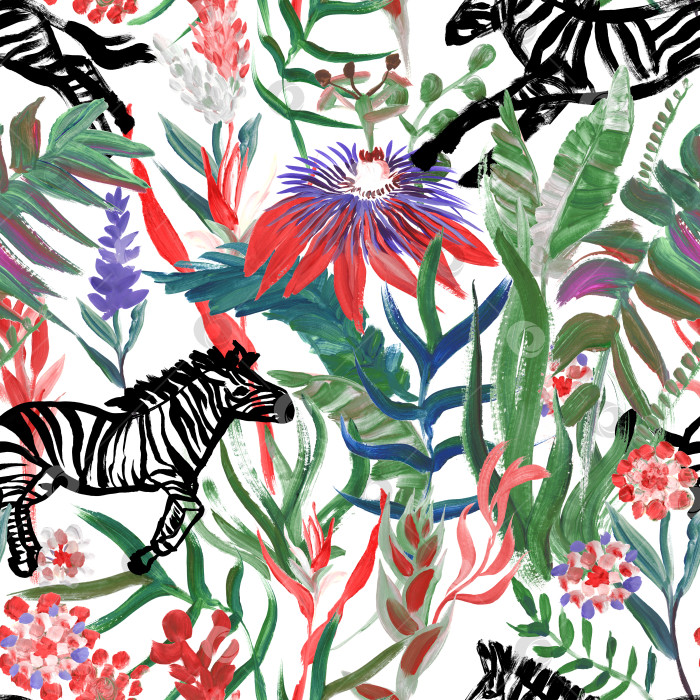 Скачать Бесшовный узор с бегущими зебрами и яркими тропическими цветами, выполненный в живописном стиле для летнего текстиля и дизайна фотосток Ozero