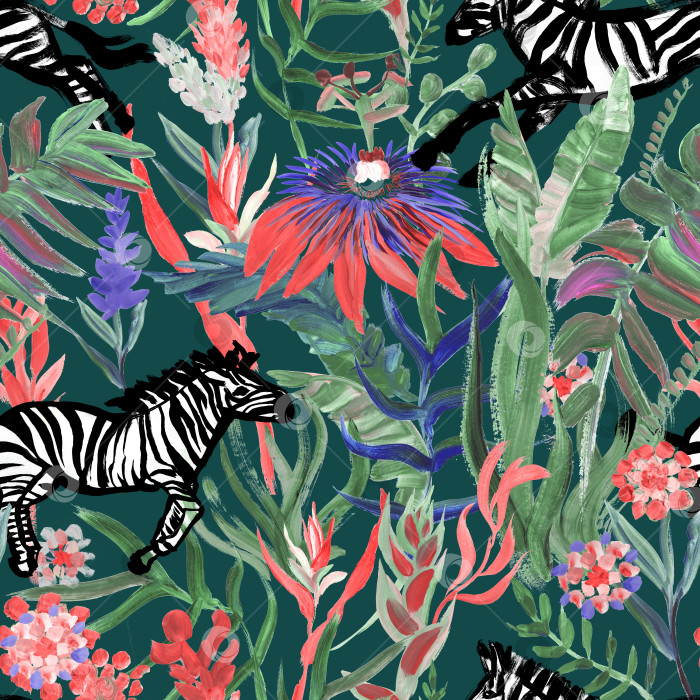 Скачать Бесшовный ночной узор с бегущими зебрами и тропическими цветами, выполненный в живописном стиле фотосток Ozero