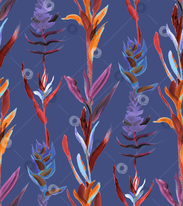 Скачать Бесшовный узор с изображением ночных тропиков с вертикальными цветами на темном фоне. фотосток Ozero