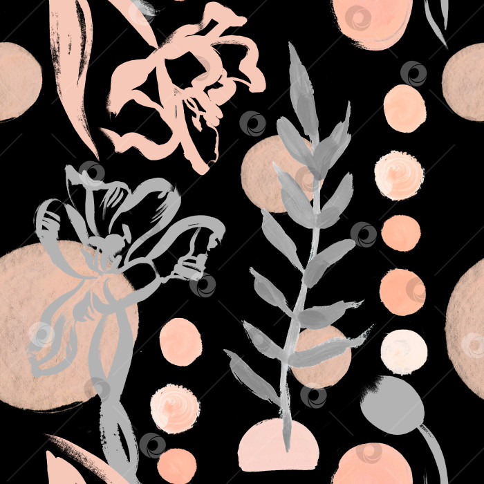 Скачать Бесшовный абстрактный узор с монохромными цветами тюльпана, раскрашенными листьями пастельных оттенков фотосток Ozero