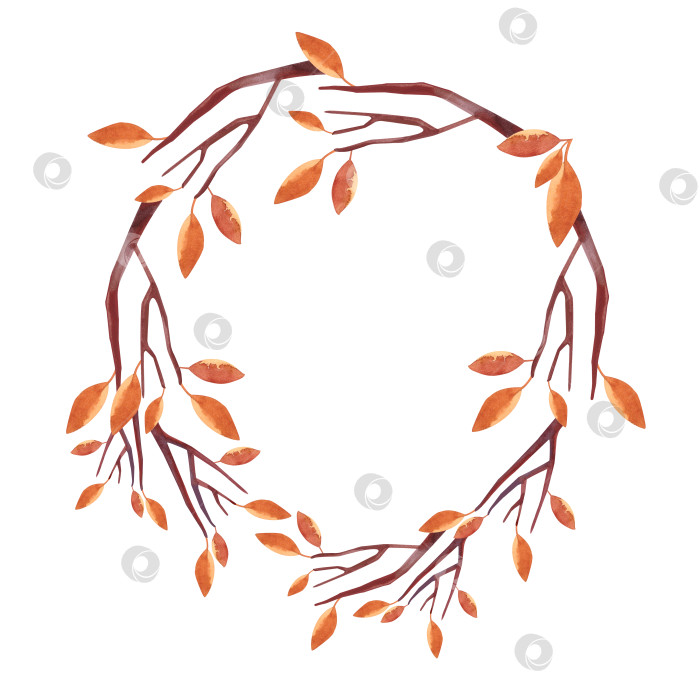 Скачать Акварельный венок с осенним деревом с оранжевыми листьями. Изолированный клипарт. Растровая иллюстрация для упаковки, поздравительных открыток, подарков фотосток Ozero
