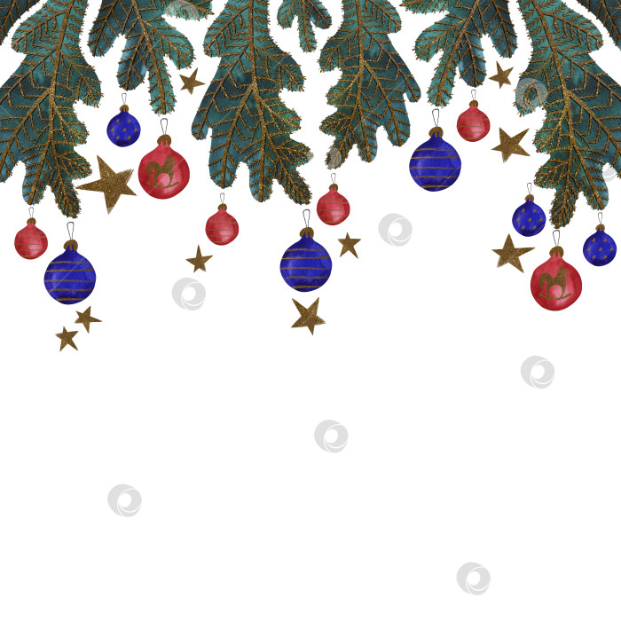 Скачать Акварельная рамка с украшенной рождественской елкой. Баннер. Рождественская открытка. Детская игрушка. Рождественский подарок. Растровая иллюстрация для упаковки, поздравительных открыток, подарков фотосток Ozero