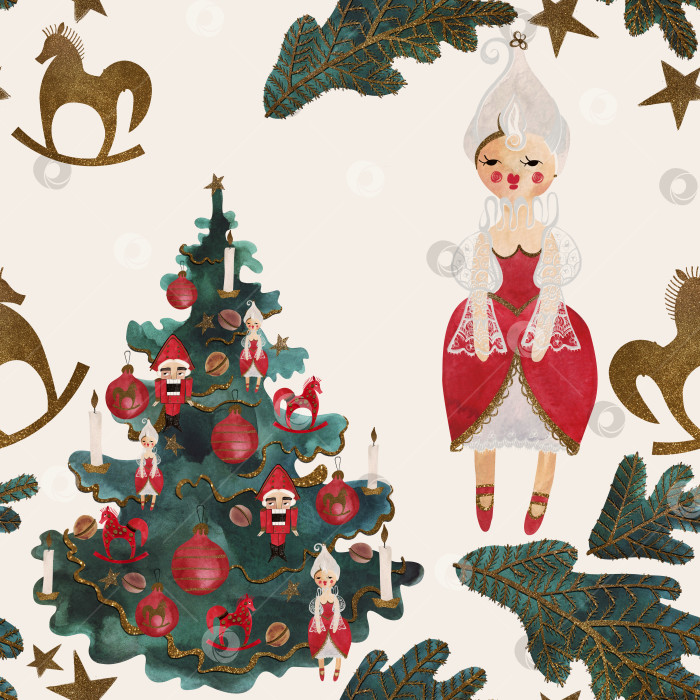 Скачать Акварельный бесшовный узор с украшенной рождественской елкой дополняют куклы. Рождественская оберточная бумага. Детская игрушка. Рождественский подарок. Растровая иллюстрация для упаковки, поздравительных открыток, подарков фотосток Ozero