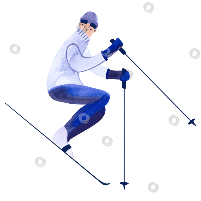 Скачать Акварельный мужчина-лыжник в синем свитере. Зимняя изолированная иллюстрация. Спорт. Клипарт. Растровая иллюстрация для курортного и горнолыжного туризма фотосток Ozero