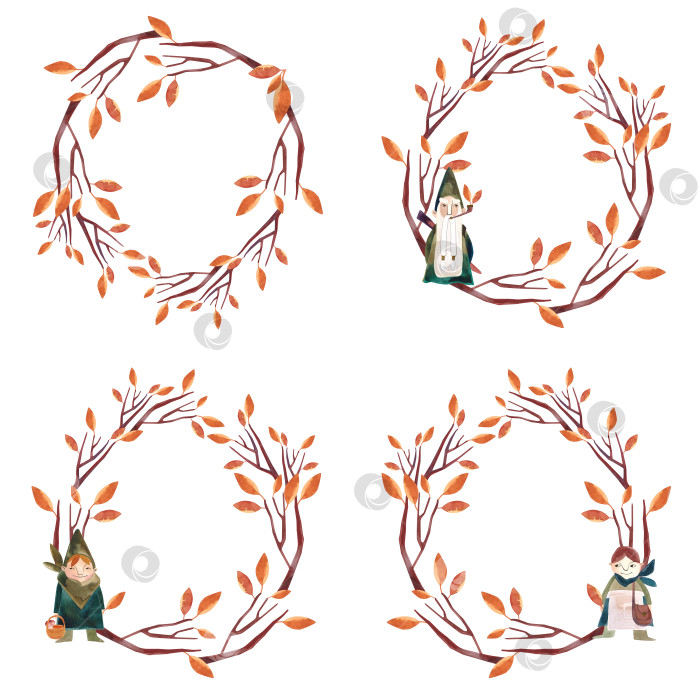 Скачать Набор акварельных венков с осенним деревом с оранжевыми листьями и гномом. Изолированный клипарт. Растровая иллюстрация для упаковки, поздравительных открыток, подарков. фотосток Ozero