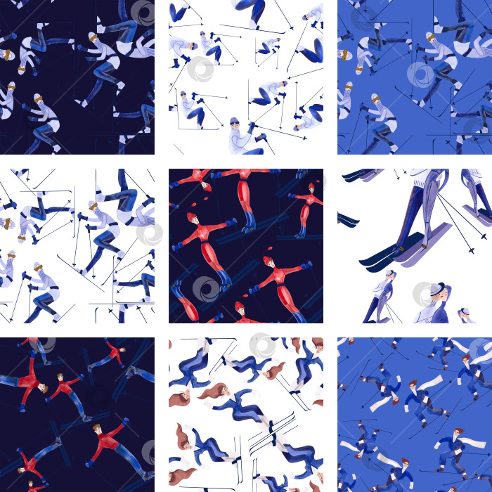 Скачать Набор акварельных бесшовных рисунков с лыжниками. Зимний текстиль. Спортивный костюм. Оберточная бумага для сувениров с горнолыжных курортов. фотосток Ozero