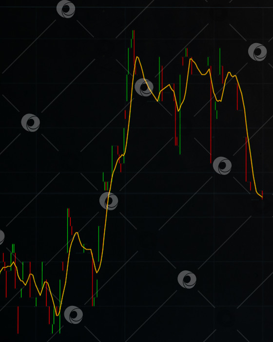 Скачать Фон графика: Технический ценовой график и индикатор, график красных и зеленых свечей на черном экране, волатильность рынка, восходящий и нисходящий тренды. Торговля акциями, криптовалютами фотосток Ozero