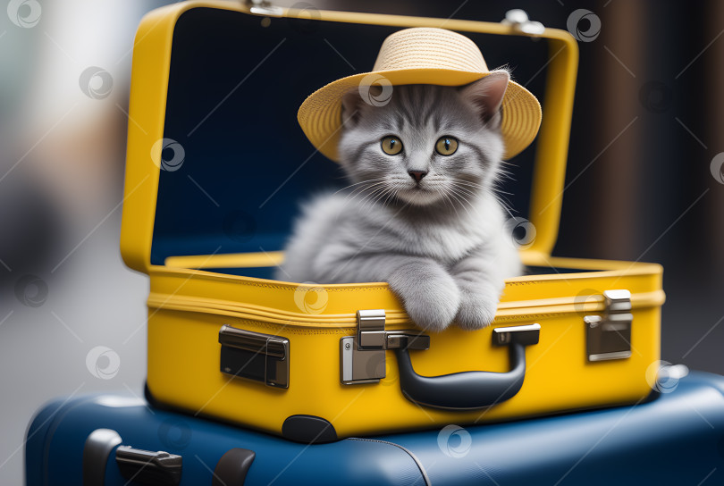 Скачать Милый серый котенок в шляпе, сидящий на желтом чемодане, крупный план, концепция путешествия. фотосток Ozero